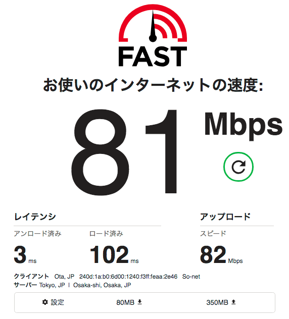 fast.comでNURO光2.5GHzを計測　81Mbps Ping値3ms